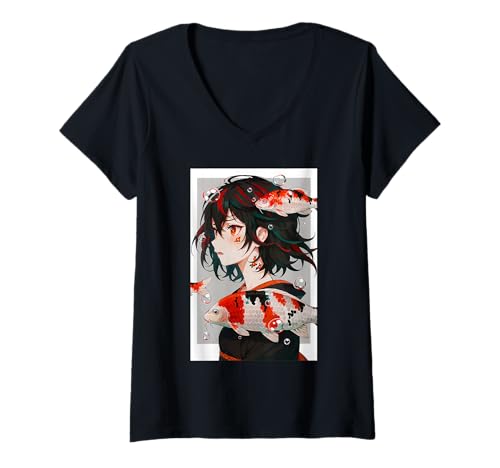 Damen Japanischer ästhetischer Otaku Koi Fish Streetwear-Anime-Manga T-Shirt mit V-Ausschnitt von Japanese Koi Fish Anime Culture Mythology Egirl