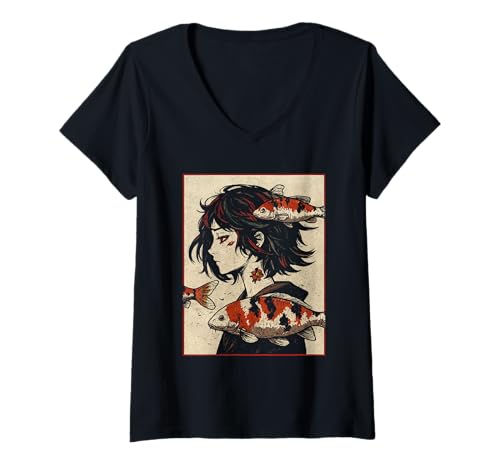 Damen Japanischer ästhetischer Otaku Koi Fish Streetwear-Anime-Manga T-Shirt mit V-Ausschnitt von Japanese Koi Fish Anime Culture Mythology Egirl