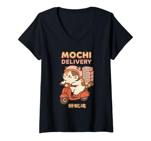 Damen Kawaii Cat Mochi Lieferservice Japanisch Harajuku T-Shirt mit V-Ausschnitt Damen Kawaii Cat Mochi Lieferservice Japanisch Harajuku T-Shirt mit V-Ausschnitt von Japanese Minimalist Cute Neko Harajuku Aesthetic