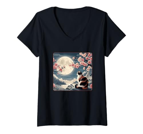 Damen Japanische Bergkatze unter Mond Sakura Kirschblüte T-Shirt mit V-Ausschnitt von Japanese Mountain Cat Under Moon Sakura