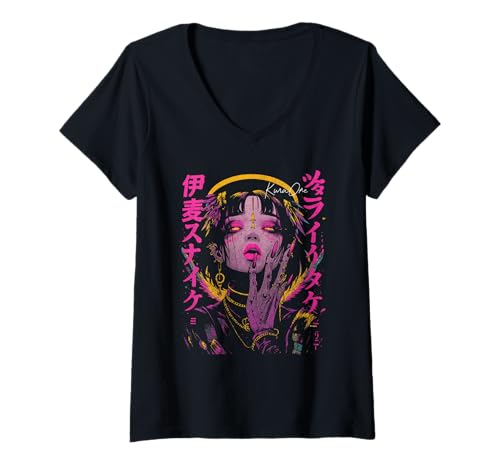 Damen Japanische Streetwear Cyberpunk Angel Anime Teachwear Otaku T-Shirt mit V-Ausschnitt von Japanese Mythology Anime Angel Egirl Vaporwave