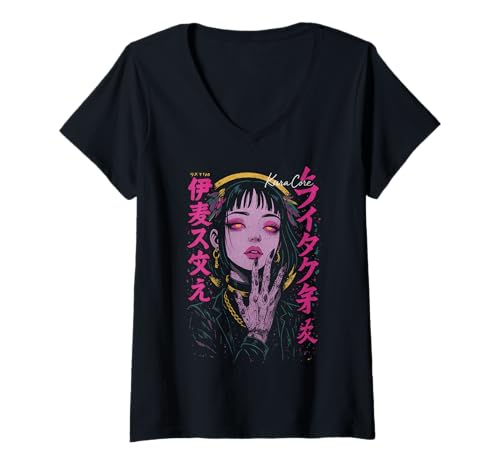 Damen Japanische Streetwear Cyberpunk Angel Anime Teachwear Otaku T-Shirt mit V-Ausschnitt Damen Japanische Streetwear Cyberpunk Angel Anime Teachwear Otaku T-Shirt mit V-Ausschnitt von Japanese Mythology Anime Angel Egirl Vaporwave