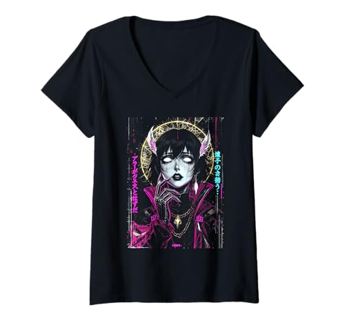 Damen Japanische Streetwear Cyberpunk Angel Anime Teachwear Otaku T-Shirt mit V-Ausschnitt Damen Japanische Streetwear Cyberpunk Angel Anime Teachwear Otaku T-Shirt mit V-Ausschnitt von Japanese Mythology Anime Angel Egirl Vaporwave