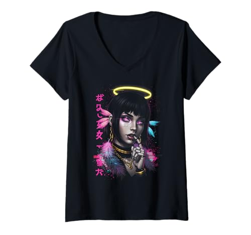 Damen Japanische ästhetische Streetwear Cyberpunk Anime Manga Techwear T-Shirt mit V-Ausschnitt Damen Japanische ästhetische Streetwear Cyberpunk Anime Manga Techwear T-Shirt mit V-Ausschnitt von Japanese Mythology Anime Angel Egirl Vaporwave