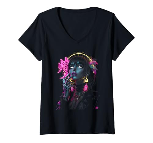 Damen Japanische ästhetische Streetwear Cyberpunk Anime Manga Techwear T-Shirt mit V-Ausschnitt Damen Japanische ästhetische Streetwear Cyberpunk Anime Manga Techwear T-Shirt mit V-Ausschnitt von Japanese Mythology Anime Angel Egirl Vaporwave