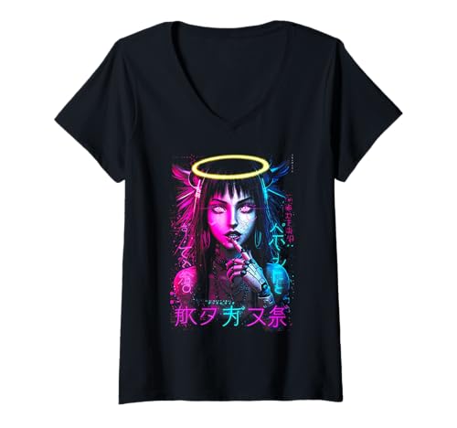 Damen Japanische ästhetische Streetwear Cyberpunk Anime Manga Techwear T-Shirt mit V-Ausschnitt Damen Japanische ästhetische Streetwear Cyberpunk Anime Manga Techwear T-Shirt mit V-Ausschnitt von Japanese Mythology Anime Angel Egirl Vaporwave