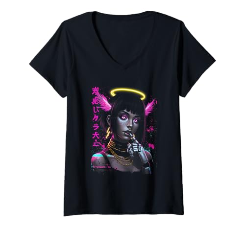 Damen Japanische ästhetische Streetwear Cyberpunk Anime Manga Techwear T-Shirt mit V-Ausschnitt Damen Japanische ästhetische Streetwear Cyberpunk Anime Manga Techwear T-Shirt mit V-Ausschnitt von Japanese Mythology Anime Angel Egirl Vaporwave