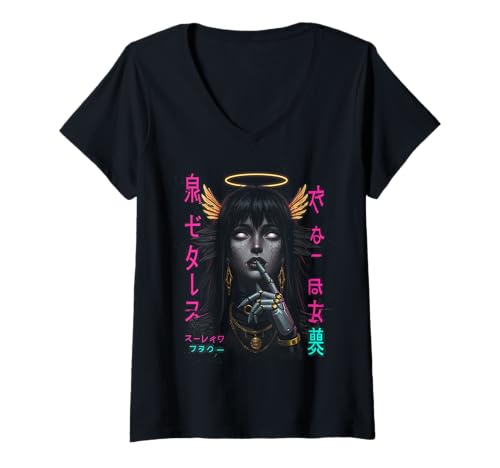 Damen Japanische ästhetische Streetwear Cyberpunk Anime Manga Techwear T-Shirt mit V-Ausschnitt von Japanese Mythology Anime Angel Egirl Vaporwave