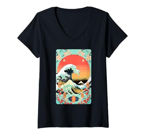 Damen Great Sea Wave Asiatische Laterne und Floral Japan Ukiyo-e T-Shirt mit V-Ausschnitt Damen Great Sea Wave Asiatische Laterne und Floral Japan Ukiyo-e T-Shirt mit V-Ausschnitt von Japanese Ocean Wave Cherry Blossom