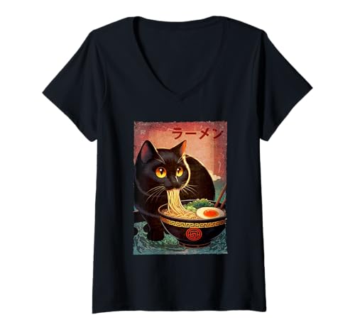 Damen Kawaii Katze Ramen Nudel Anime Japanisch Niedlich Ästhetisch T-Shirt mit V-Ausschnitt Damen Kawaii Katze Ramen Nudel Anime Japanisch Niedlich Ästhetisch T-Shirt mit V-Ausschnitt von Japanese Ramen Bowl Cat Eating Noodles Kawaii