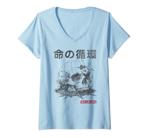 Damen Japanischer Retro Gothic Pilz Schädel und süßes Kanji Kanji T-Shirt mit V-Ausschnitt Damen Japanischer Retro Gothic Pilz Schädel und süßes Kanji Kanji T-Shirt mit V-Ausschnitt von Japanese Retro Graphic