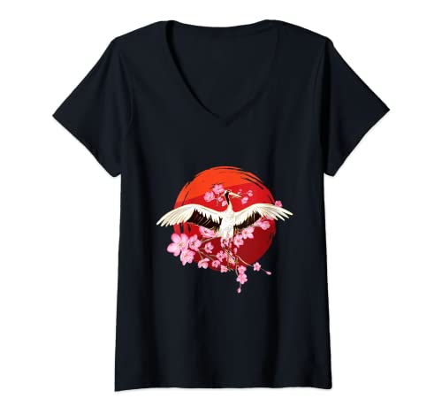 Damen Japan Zen Circle Cherry Blossom Crane Bird Japanisch T-Shirt mit V-Ausschnitt Damen Japan Zen Circle Cherry Blossom Crane Bird Japanisch T-Shirt mit V-Ausschnitt von Japanese Sakura Cherry Blossom Apparels