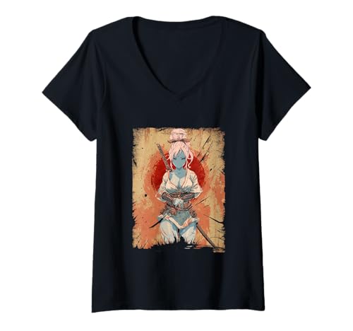 Damen Waifu Sexy Anime Girl Japanisch Samurai Red Sun Grunge T-Shirt mit V-Ausschnitt von Japanese Samurai Anime Art & Apparel
