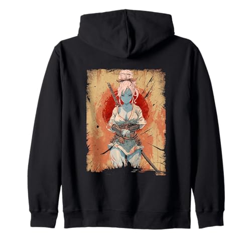 Waifu Sexy Anime Girl Japanisch Samurai Red Sun Grunge Kapuzenjacke von Japanese Samurai Anime Art & Apparel