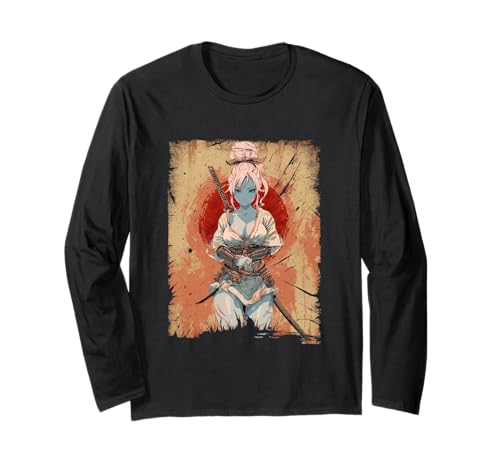 Waifu Sexy Anime Girl Japanisch Samurai Red Sun Grunge Langarmshirt von Japanese Samurai Anime Art & Apparel