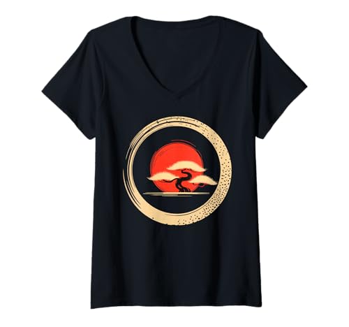 Damen Bonsai Tree Samurai Art in Japanese Zen Buddhist Enso Circle T-Shirt mit V-Ausschnitt Damen Bonsai Tree Samurai Art in Japanese Zen Buddhist Enso Circle T-Shirt mit V-Ausschnitt von Japanese Samurai Art & Apparel Clothing Co.