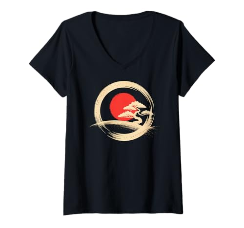 Damen Bonsai Tree Samurai Art in Japanese Zen Buddhist Enso Circle T-Shirt mit V-Ausschnitt Damen Bonsai Tree Samurai Art in Japanese Zen Buddhist Enso Circle T-Shirt mit V-Ausschnitt von Japanese Samurai Art & Apparel Clothing Co.