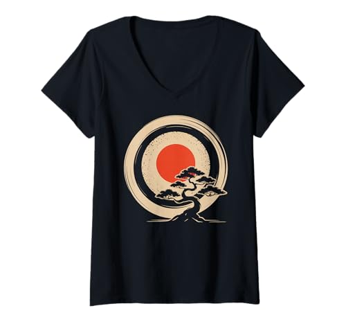 Damen Bonsai Tree Samurai Art in Japanese Zen Buddhist Enso Circle T-Shirt mit V-Ausschnitt Damen Bonsai Tree Samurai Art in Japanese Zen Buddhist Enso Circle T-Shirt mit V-Ausschnitt von Japanese Samurai Art & Apparel Clothing Co.