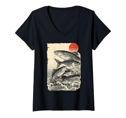 Damen Japanischer Holzblock Thunfisch Kunst Welle Angeln Retro Sonne T-Shirt mit V-Ausschnitt Damen Japanischer Holzblock Thunfisch Kunst Welle Angeln Retro Sonne T-Shirt mit V-Ausschnitt von Japanese Samurai Art & Apparel