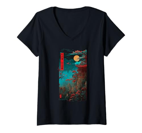Damen Japanischer Tempel Mond Nachtlandschaft Vintage Stil T-Shirt mit V-Ausschnitt von Japanese Samurai Art & Apparel