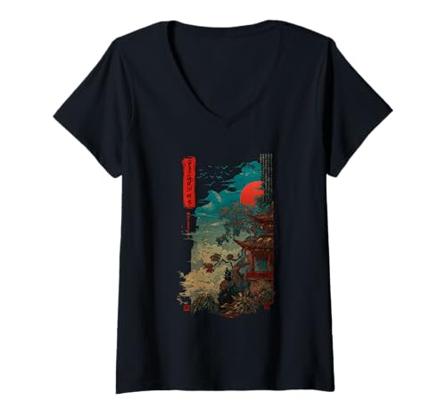 Damen Japanischer Vintage-Tempel Retro Sonne Wolken Natur T-Shirt mit V-Ausschnitt Damen Japanischer Vintage-Tempel Retro Sonne Wolken Natur T-Shirt mit V-Ausschnitt von Japanese Samurai Art & Apparel
