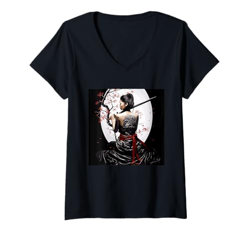 Damen Samurai-Frau mit Kirschblüten-Design T-Shirt mit V-Ausschnitt Damen Samurai-Frau mit Kirschblüten-Design T-Shirt mit V-Ausschnitt von Japanese Samurai Cherry Blossom Art