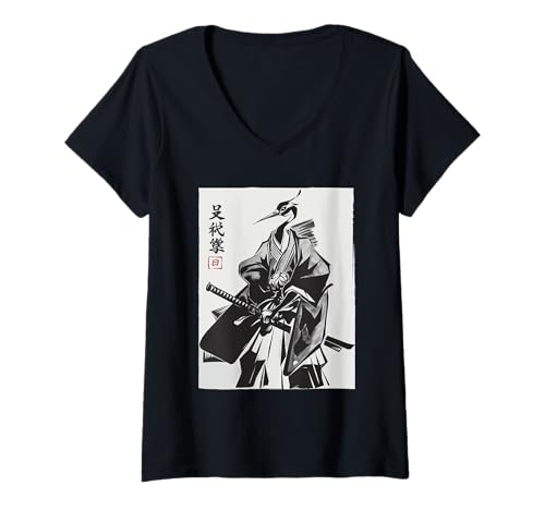 Damen Samurai Kranich Vintage Ukiyo-e Krieger Japanischer Kranich Kunst T-Shirt mit V-Ausschnitt Damen Samurai Kranich Vintage Ukiyo-e Krieger Japanischer Kranich Kunst T-Shirt mit V-Ausschnitt von Japanese Samurai Crane Bird Woodblock Art