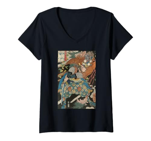 Damen Miyamoto Musashi Ukiyo-E Art T-Shirt mit V-Ausschnitt Damen Miyamoto Musashi Ukiyo-E Art T-Shirt mit V-Ausschnitt von Japanese Samurai Ukiyo-E Art