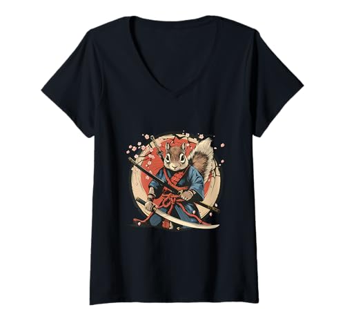 Damen Samurai-Eichhörnchen, Japanisches Samurai-Eichhörnchen, Sakura-Baum T-Shirt mit V-Ausschnitt Damen Samurai-Eichhörnchen, Japanisches Samurai-Eichhörnchen, Sakura-Baum T-Shirt mit V-Ausschnitt von Japanese Samurai Warrior Animals