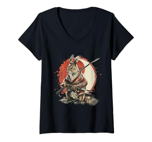 Damen Samurai Eichhörnchen Japanisch Ninja Eichhörnchen Japanischer Krieger T-Shirt mit V-Ausschnitt Damen Samurai Eichhörnchen Japanisch Ninja Eichhörnchen Japanischer Krieger T-Shirt mit V-Ausschnitt von Japanese Samurai Warrior Animals
