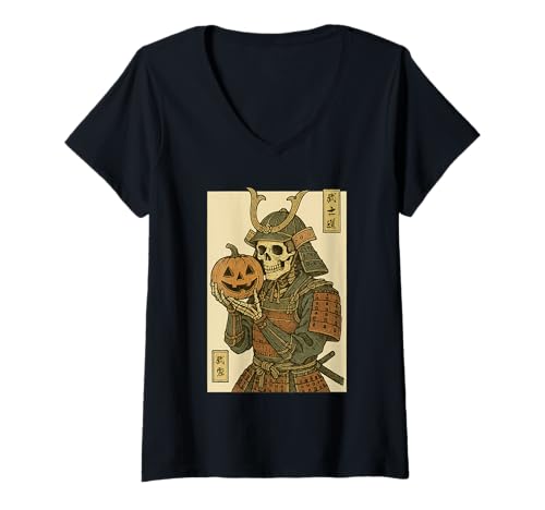 Damen Retro Ukiyo-e Skelett Bushido Krieger Lustig Halloween T-Shirt mit V-Ausschnitt Damen Retro Ukiyo-e Skelett Bushido Krieger Lustig Halloween T-Shirt mit V-Ausschnitt von Japanese Samurai Warrior Vintage Sumi-e