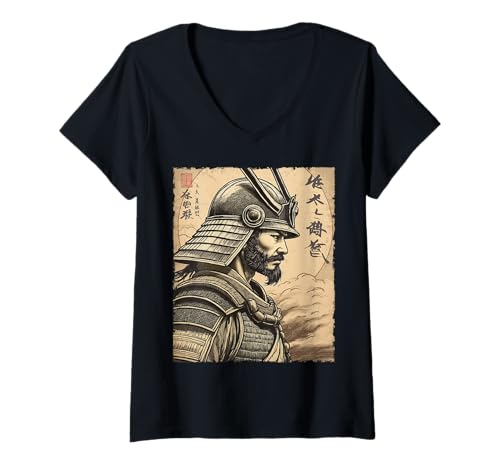 Damen Samurai Warrior Traditionelle japanische Rüstung im Vintage-Stil T-Shirt mit V-Ausschnitt Damen Samurai Warrior Traditionelle japanische Rüstung im Vintage-Stil T-Shirt mit V-Ausschnitt von Japanese Samurai in Vintage Style