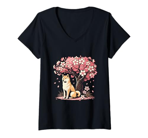Damen Baum Japanisch Shiba Inu T-Shirt mit V-Ausschnitt Damen Baum Japanisch Shiba Inu T-Shirt mit V-Ausschnitt von Japanese Shiba Inu Dog Lover Gifts