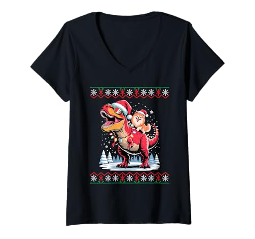 Damen Christmas Japanese Shiba Inu T-Rex Dinosaur Tyrannosaurus T-Shirt mit V-Ausschnitt von Japanese Shiba Inu Dog Lover Gifts