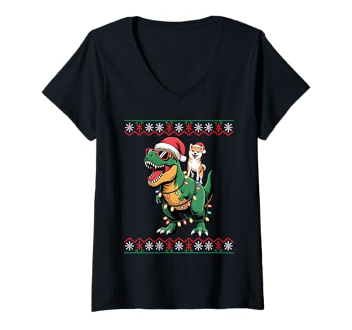 Damen Christmas Japanese Shiba Inu T-Rex Dinosaur Tyrannosaurus T-Shirt mit V-Ausschnitt von Japanese Shiba Inu Dog Lover Gifts