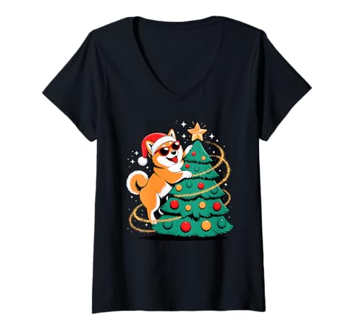 Damen Christmas Tree Japanese Shiba Inu Sunglasses T-Shirt mit V-Ausschnitt Damen Christmas Tree Japanese Shiba Inu Sunglasses T-Shirt mit V-Ausschnitt von Japanese Shiba Inu Dog Lover Gifts