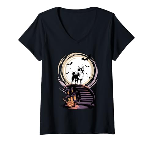 Damen Gruselig Halloween Mond Japanese Shiba Inu T-Shirt mit V-Ausschnitt Damen Gruselig Halloween Mond Japanese Shiba Inu T-Shirt mit V-Ausschnitt von Japanese Shiba Inu Dog Lover Gifts