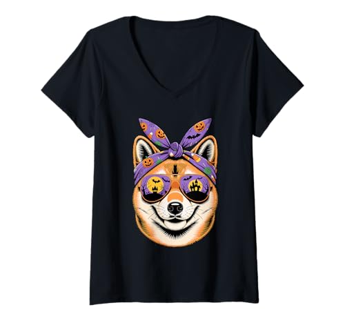 Damen Halloween Bandana Japanese Shiba Inu T-Shirt mit V-Ausschnitt Damen Halloween Bandana Japanese Shiba Inu T-Shirt mit V-Ausschnitt von Japanese Shiba Inu Dog Lover Gifts
