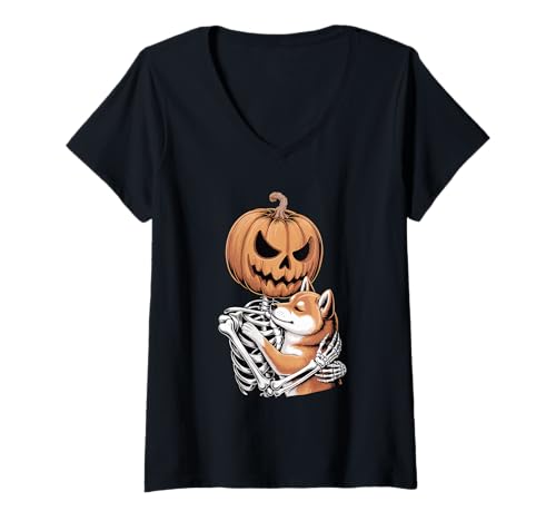 Damen Halloween Skeleton Japanese Shiba Inu T-Shirt mit V-Ausschnitt von Japanese Shiba Inu Dog Lover Gifts