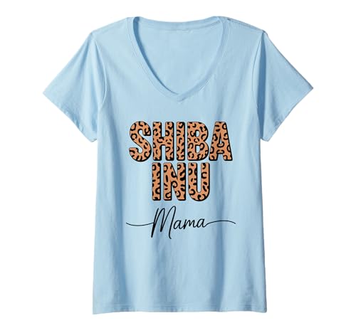 Damen Leopardenmuster Shiba Inu Mama T-Shirt mit V-Ausschnitt von Japanese Shiba Inu Dog Lover Gifts