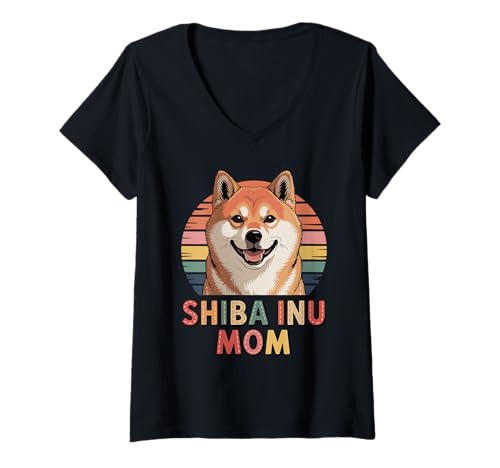 Damen Retro Shiba Inu Mom T-Shirt mit V-Ausschnitt von Japanese Shiba Inu Dog Lover Gifts