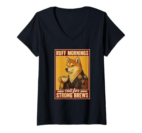 Damen Ruff Mornings Hundekaffee Strong Brews Vintage Art T-Shirt mit V-Ausschnitt Damen Ruff Mornings Hundekaffee Strong Brews Vintage Art T-Shirt mit V-Ausschnitt von Japanese Shiba Inu Graphic Coffee Dog Designs