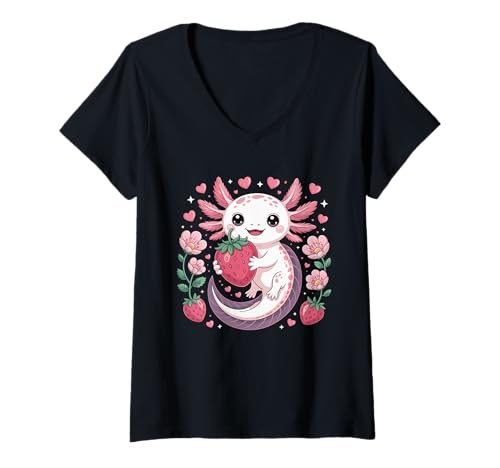 Damen Anime Axolotl Kawaii Anime Axolotl Erdbeere T-Shirt mit V-Ausschnitt Damen Anime Axolotl Kawaii Anime Axolotl Erdbeere T-Shirt mit V-Ausschnitt von Japanese Strawberry Anime Pink Kawaii Axolotl Girl