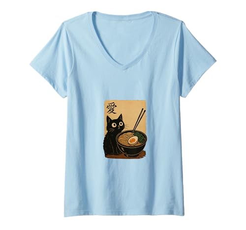 Damen Schwarze Katzen- und Nudelschale, japanische Kunst, ästhetisches Design T-Shirt mit V-Ausschnitt Damen Schwarze Katzen- und Nudelschale, japanische Kunst, ästhetisches Design T-Shirt mit V-Ausschnitt von Japanese Style Black Cat Eating Ramen Authentic