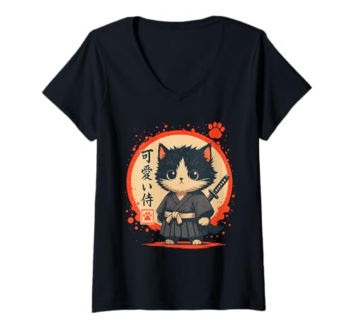 Damen Samurai Katze Japanische Kunst Sumi-e Neuheit Kawaii Lustige Katze T-Shirt mit V-Ausschnitt Damen Samurai Katze Japanische Kunst Sumi-e Neuheit Kawaii Lustige Katze T-Shirt mit V-Ausschnitt von Japanese Sumi-e Novelty Samurai Cat Warriors