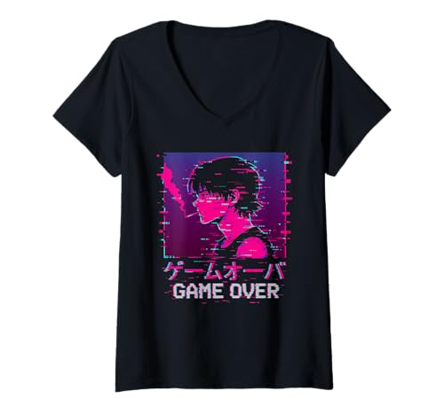 Damen Japanisches Vaporwave Sad Anime Game Over Streetwear Otaku für Jungen T-Shirt mit V-Ausschnitt Damen Japanisches Vaporwave Sad Anime Game Over Streetwear Otaku für Jungen T-Shirt mit V-Ausschnitt von Japanese Techwear Vaporwave Anime Eboy Men Women