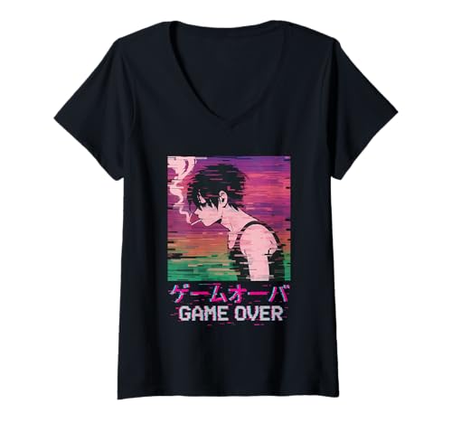 Damen Japanisches Vaporwave-Spiel über traurigen Anime-Eboy-Streetwear-Manga T-Shirt mit V-Ausschnitt von Japanese Techwear Vaporwave Anime Eboy Men Women