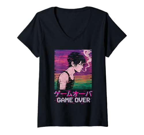 Damen Japanisches Vaporwave-Spiel über traurigen Anime-Eboy-Streetwear-Manga T-Shirt mit V-Ausschnitt Damen Japanisches Vaporwave-Spiel über traurigen Anime-Eboy-Streetwear-Manga T-Shirt mit V-Ausschnitt von Japanese Techwear Vaporwave Anime Eboy Men Women