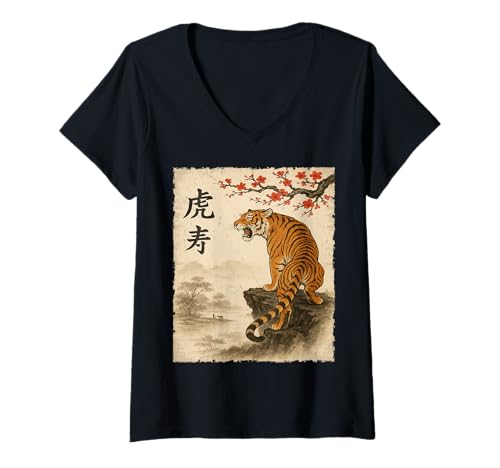 Damen Vintage Tiger Chinesische Kunst Japanische Kanji Asiatische Blüten T-Shirt mit V-Ausschnitt Damen Vintage Tiger Chinesische Kunst Japanische Kanji Asiatische Blüten T-Shirt mit V-Ausschnitt von Japanese Tiger Vintage Asian Style