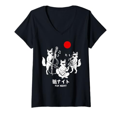 Damen Minimal Kitsune Jazz Music Band Japanische Harajuku T-Shirt mit V-Ausschnitt Damen Minimal Kitsune Jazz Music Band Japanische Harajuku T-Shirt mit V-Ausschnitt von Japanese Trio Fox Jazz Musician Harajuku Aesthetic